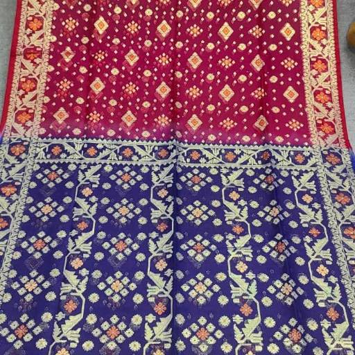 Dhakai Jamdani Saree - Red & Blue