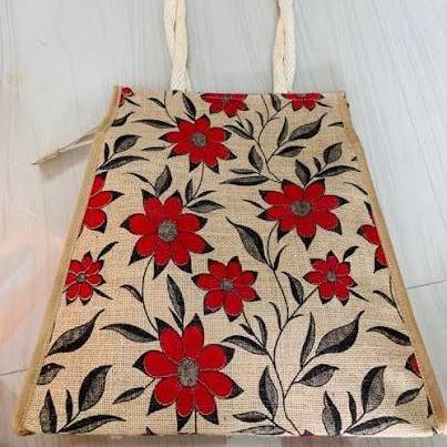 Hand crafted jute bag red printed