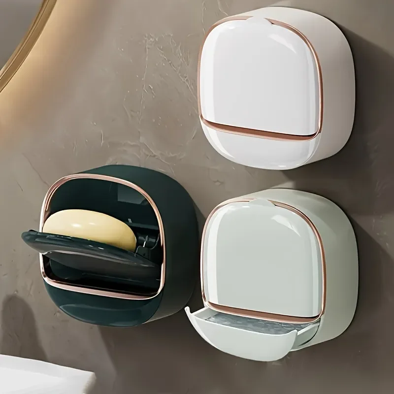 Wall-Mounted Household Soap Holder Drain With Cover Bathroom Soap Storage Rack with adhesive tape