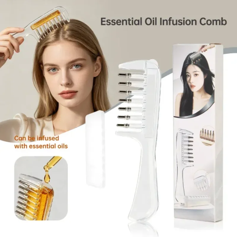 Transparent Oil Applicator Massage Comb with Built-In Liquid Reservoir & Rolling Metal Teeth